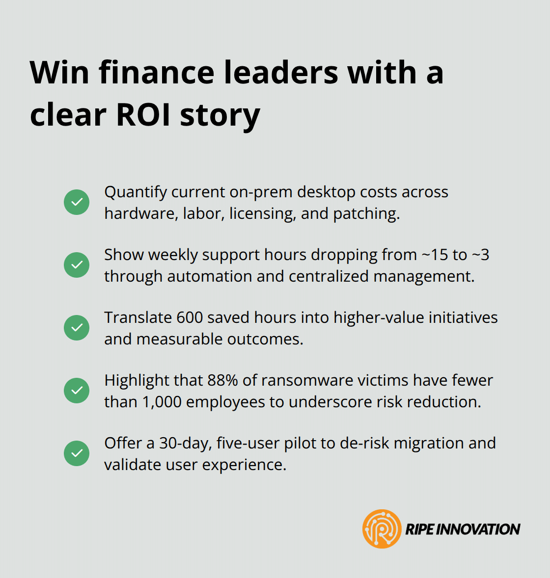 Checklist of sales actions to demonstrate cost reduction and risk mitigation for cloud desktop.